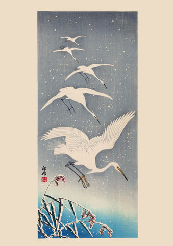 White Crane flying in the snow by Koson